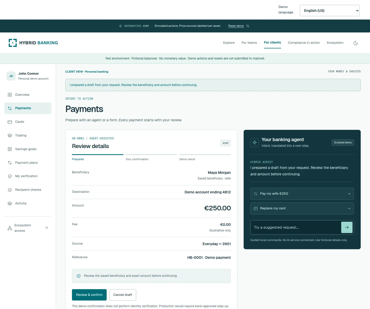 Published Hybrid Banking client-payment demonstration with fictional beneficiary, amount and review controls.