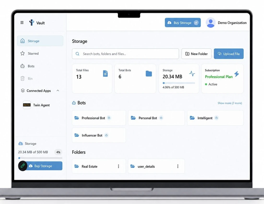 Published Twin Vault interface showing files, connected bots and a demo organization.
